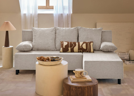 Canapé d'angle réversible 4 places convertible avec coffre en tissu texturé Gloria