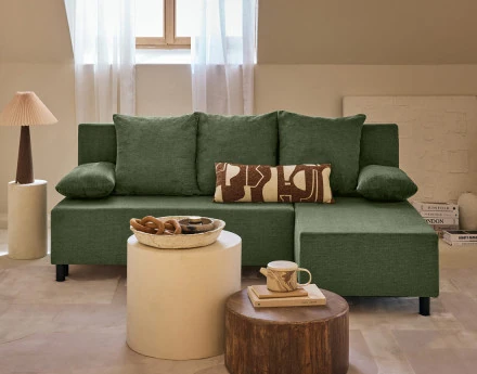 Canapé d'angle réversible 4 places convertible avec coffre en tissu texturé Gloria