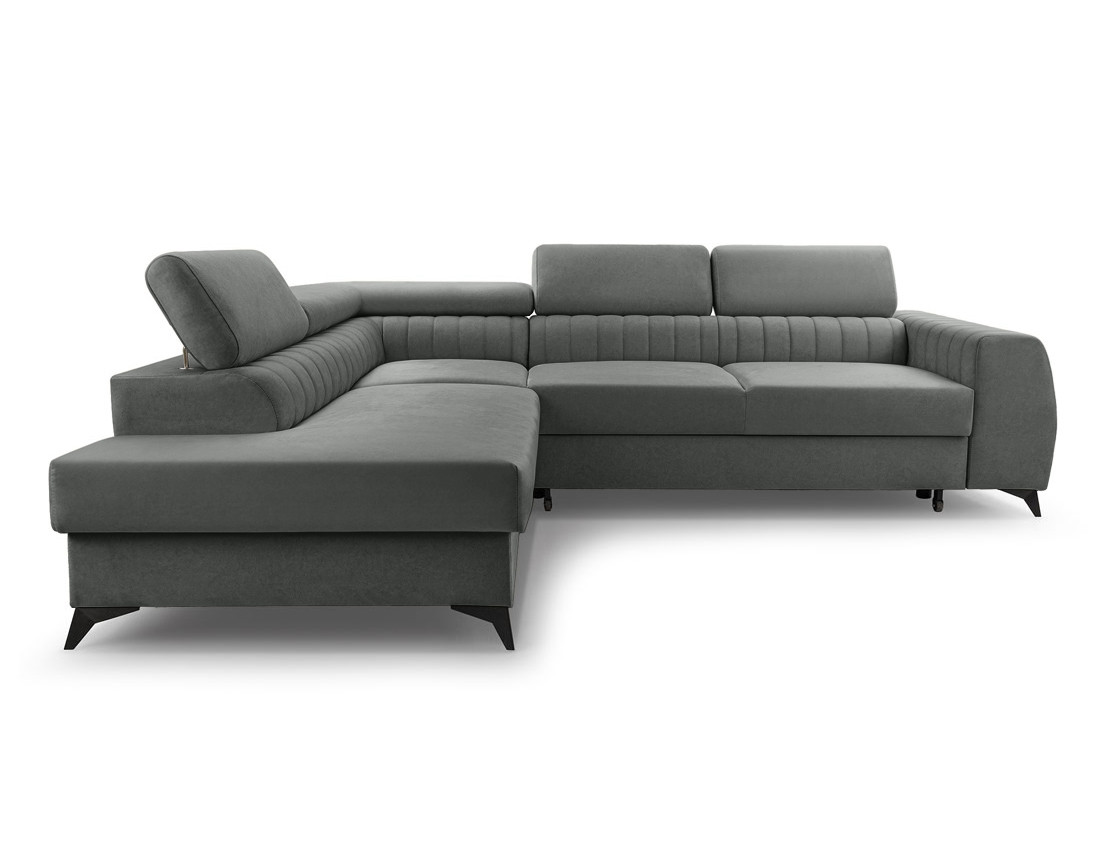 Canapé d'angle gauche 5 places convertible, coffre, têtières en velours Aneta Canapé d'angle gauche 5 places convertible, coffre, têtières en velours Aneta