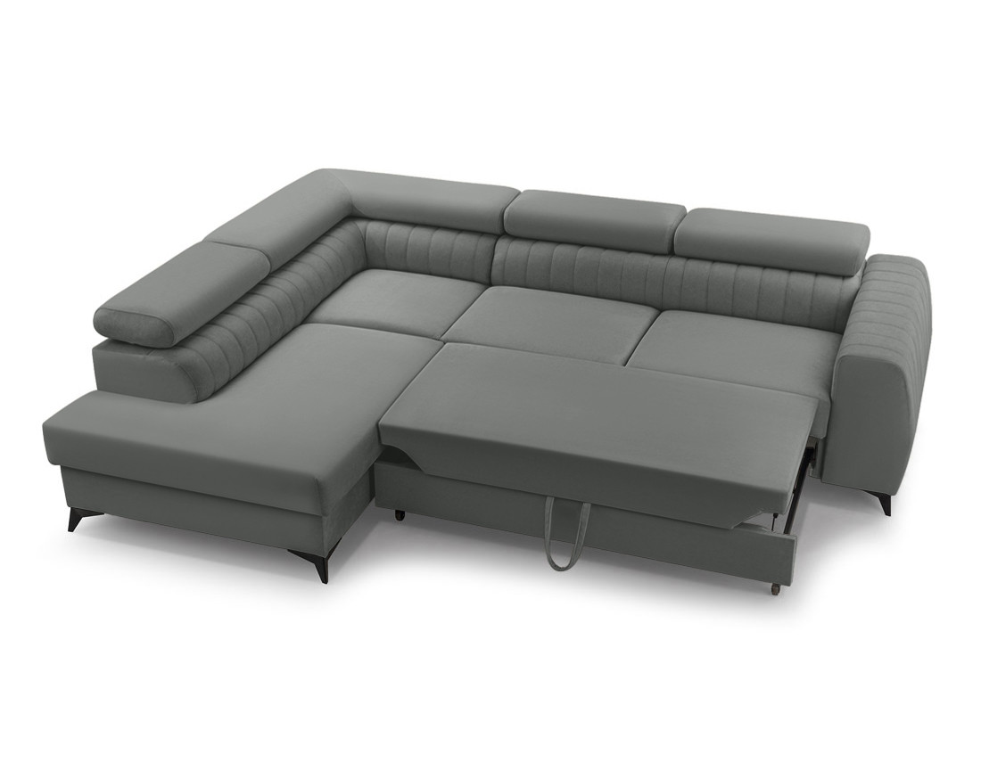 Canapé d'angle gauche 5 places convertible, coffre, têtières en velours Aneta Canapé d'angle gauche 5 places convertible, coffre, têtières en velours Aneta