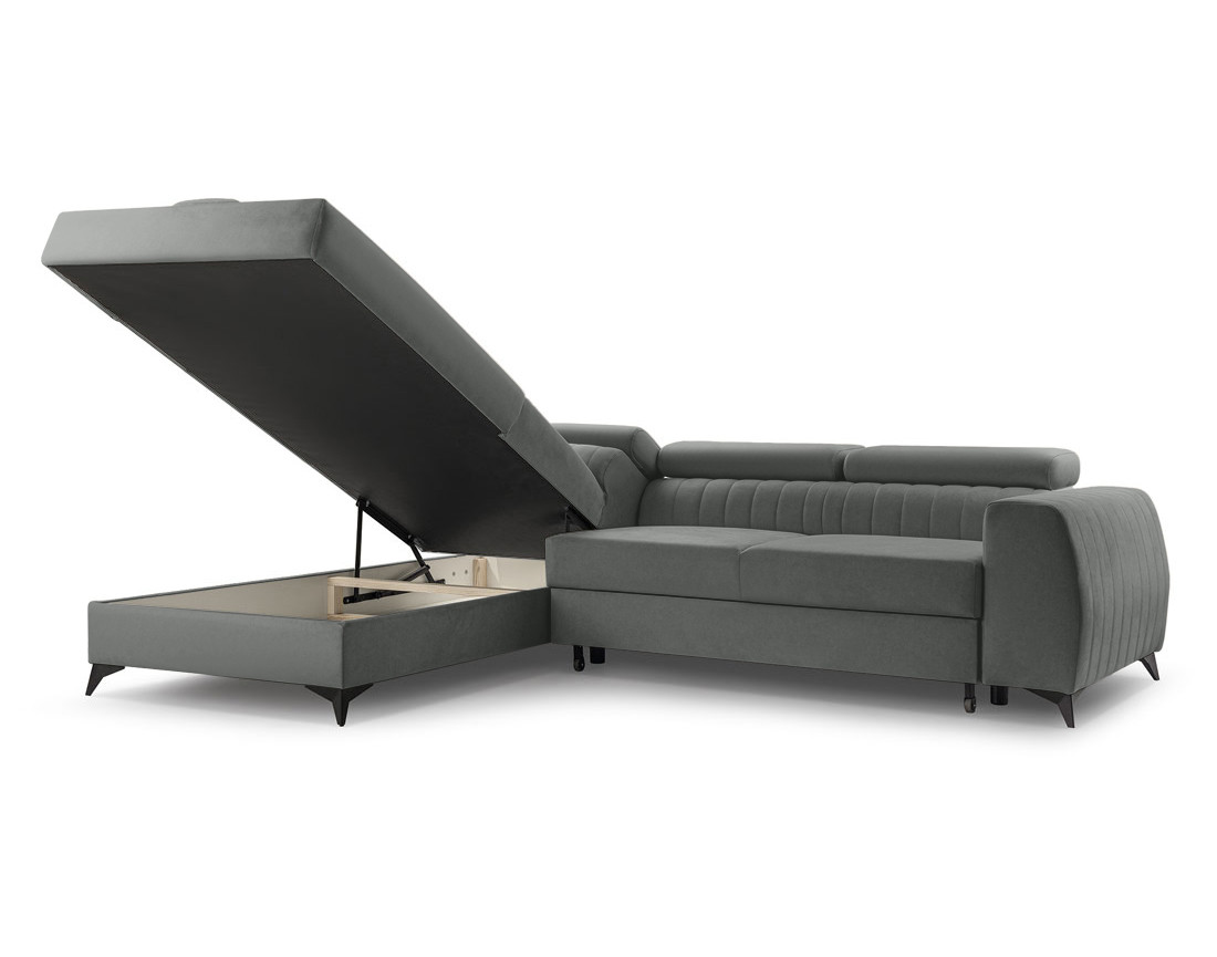 Canapé d'angle gauche 5 places convertible, coffre, têtières en velours Aneta Canapé d'angle gauche 5 places convertible, coffre, têtières en velours Aneta