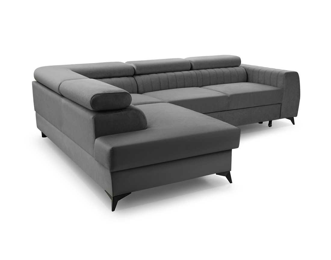 Canapé d'angle gauche 5 places convertible, coffre, têtières en velours Aneta Canapé d'angle gauche 5 places convertible, coffre, têtières en velours Aneta