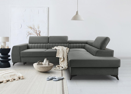 Canapé d'angle droit 5 places convertible, coffre, têtières en velours Aneta
