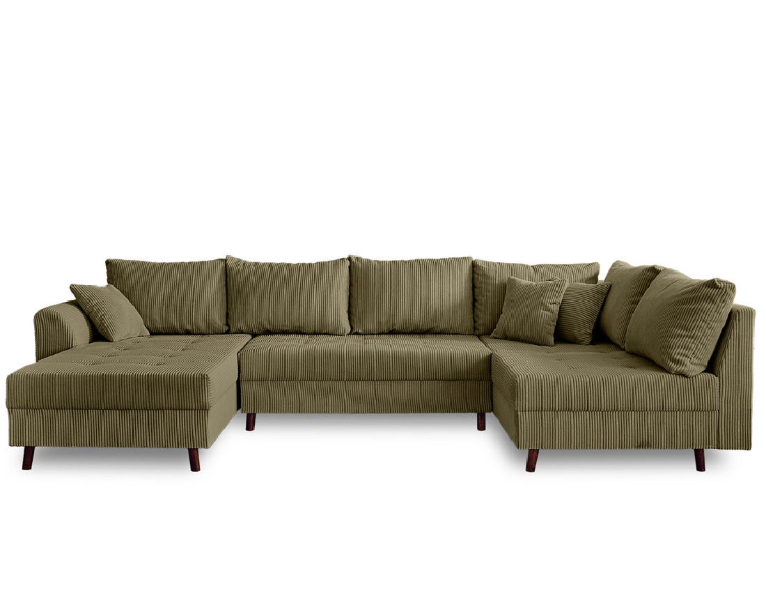 Canapé panoramique d'angle droit 7 places - avec pouf d'appoint - en velours côtelé - Rune