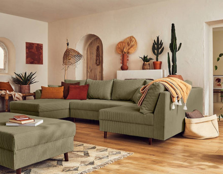 Canapé panoramique d'angle droit 7 places - avec pouf d'appoint - en velours côtelé - Rune