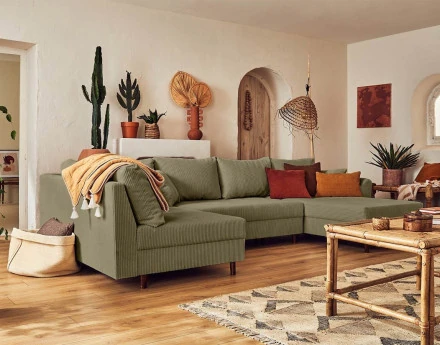 Canapé panoramique d'angle gauche 7 places - en velours côtelé - Rune