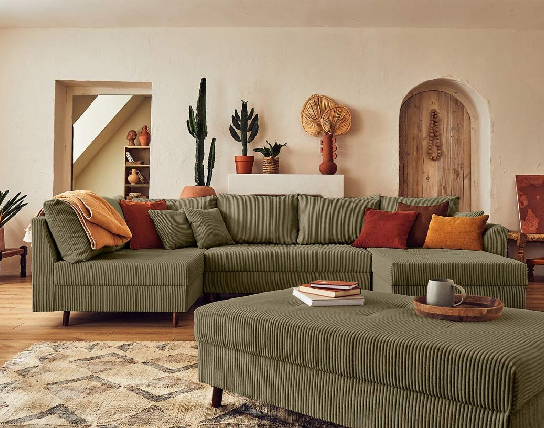 Canapé panoramique d'angle gauche 7 places avec pouf d'appoint - en velours côtelé - Rune