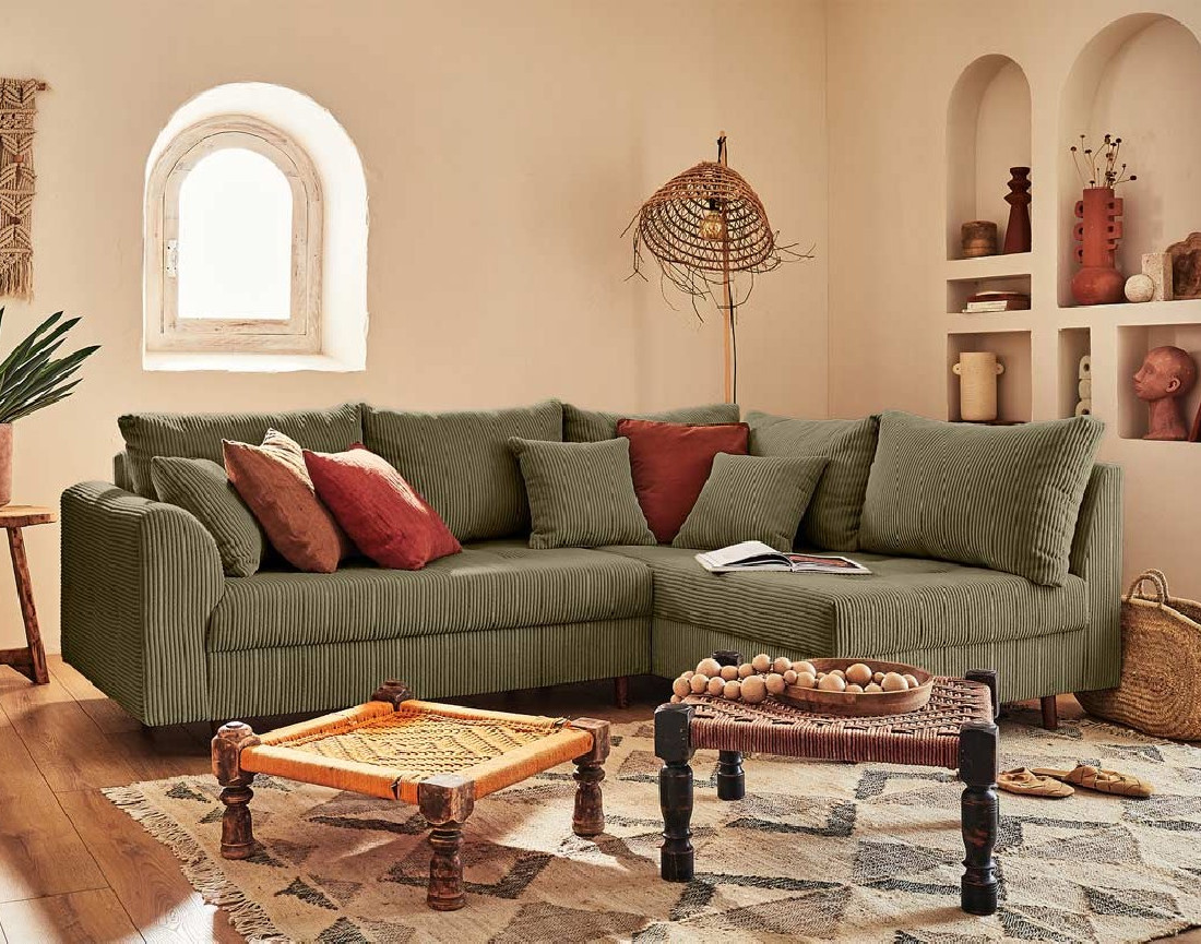 Canapé d'angle droit - 4 places - en velours côtelé - Rune