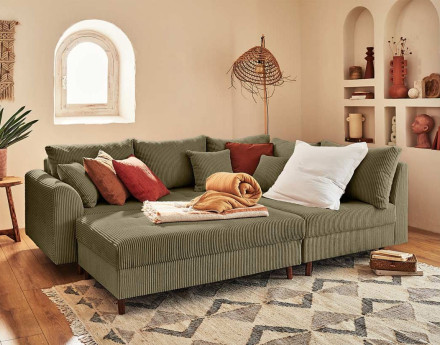 Canapé d'angle droit - 4 places - avec pouf d'appoint - en velours côtelé - Rune