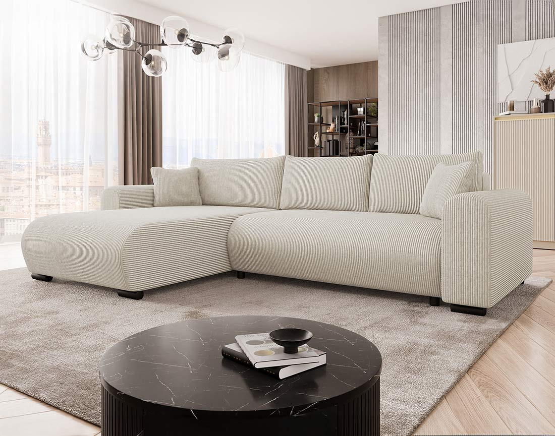 Canapé d'angle réversible 4 places convertible avec coffre en velours côtelé Rosalie