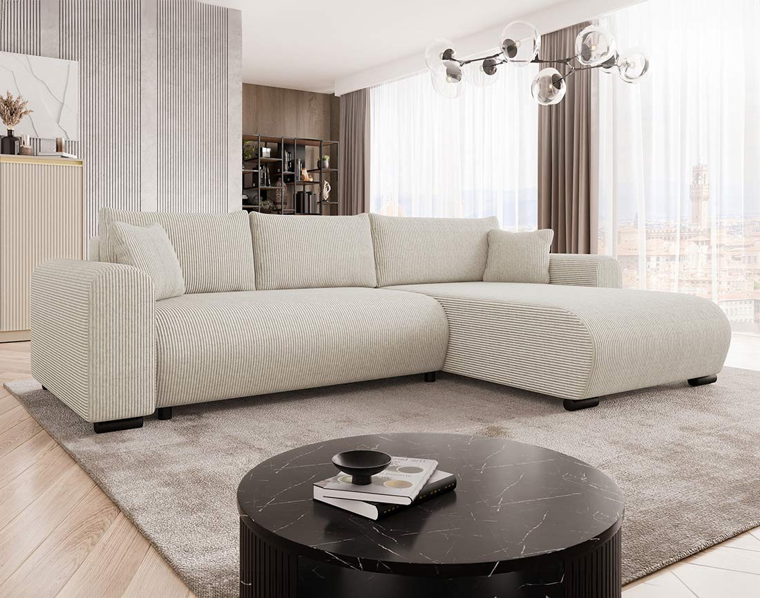Canapé d'angle réversible 4 places convertible avec coffre en velours côtelé Rosalie