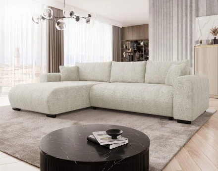 Canapé d'angle réversible 4 places convertible avec coffre en tissu bouclette Rosalie