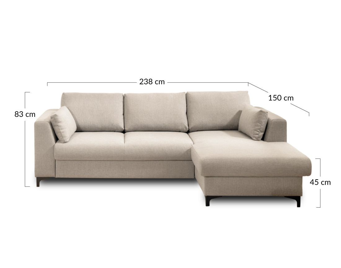 Canapé d'angle droit convertible avec coffre 4 places en tissu Tala
