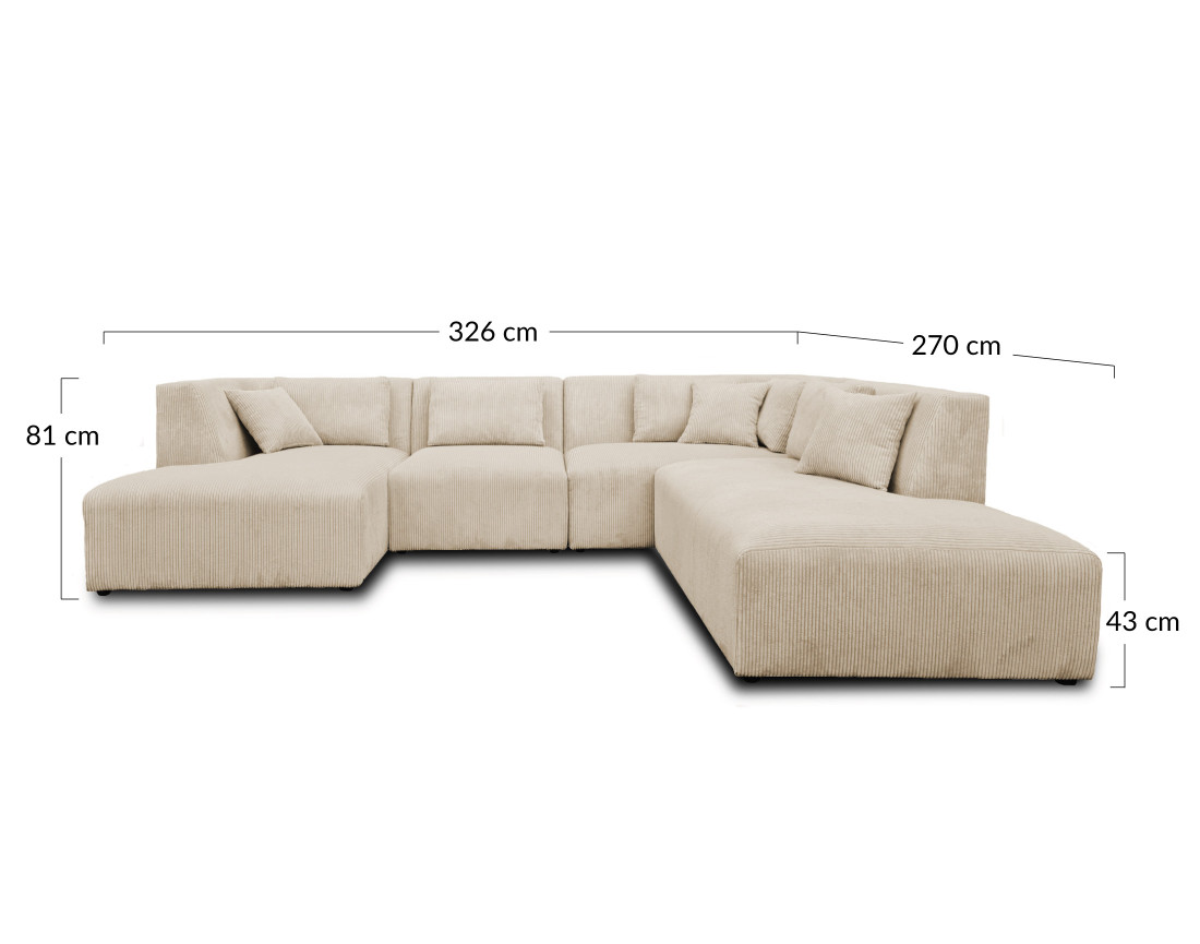 Canapé modulable panoramique d'angle droit 7 places en velours côtelé Victoire