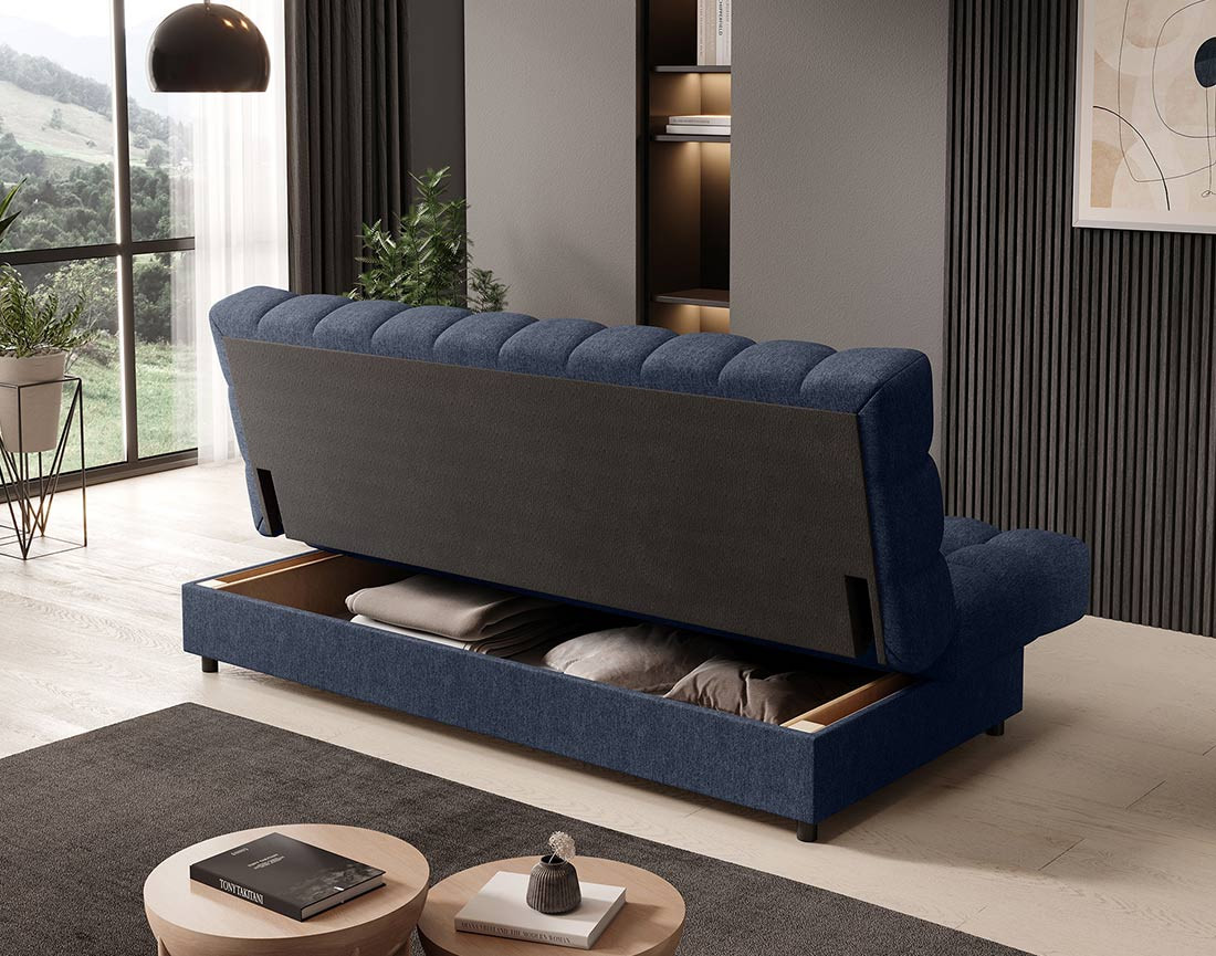 Canapé convertible clic-clac 3 places avec coffre en tissu texturé Ezra