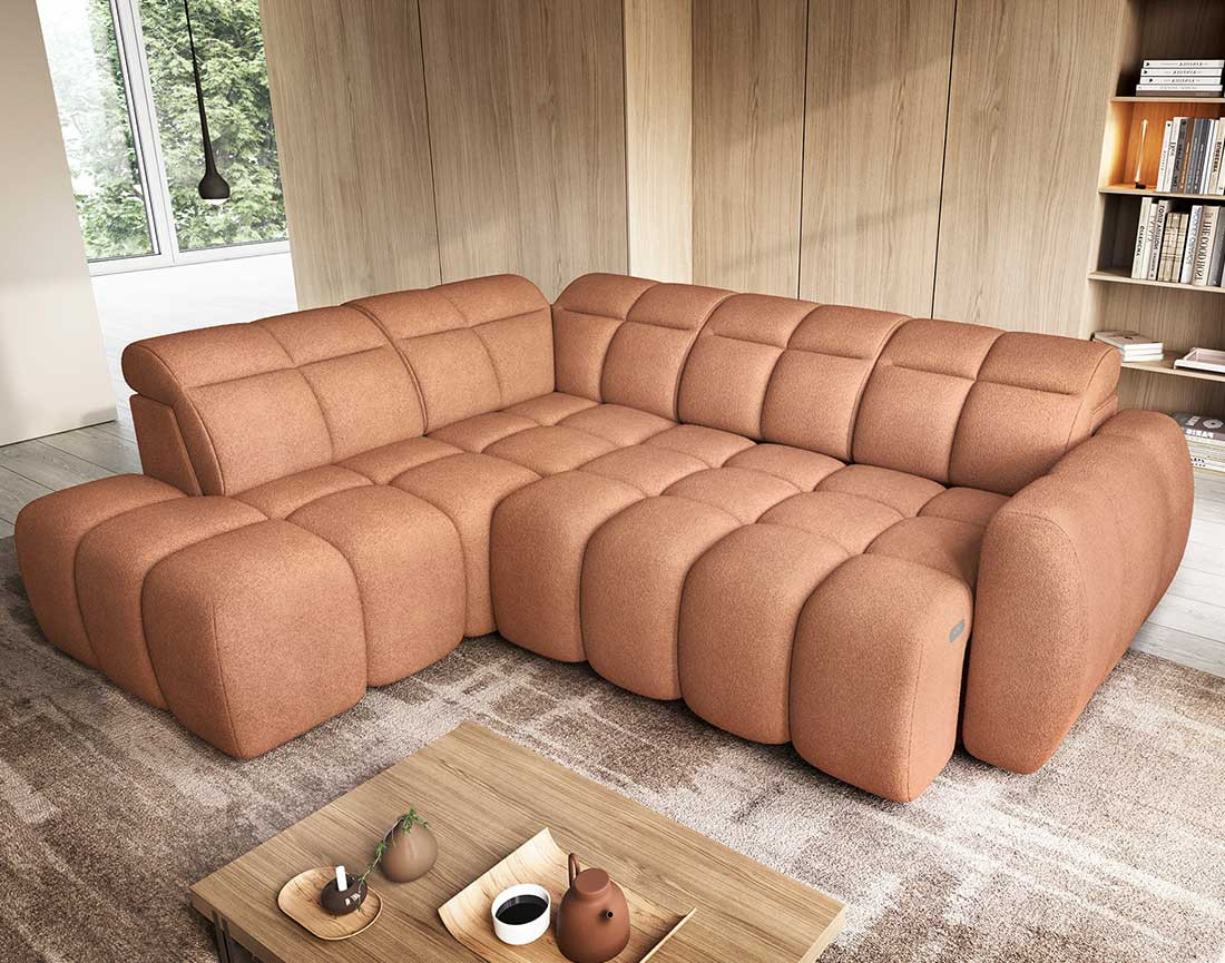 Canapé d'angle gauche 4 places assise extensible électrique avec coffre en tissu texturé Basile