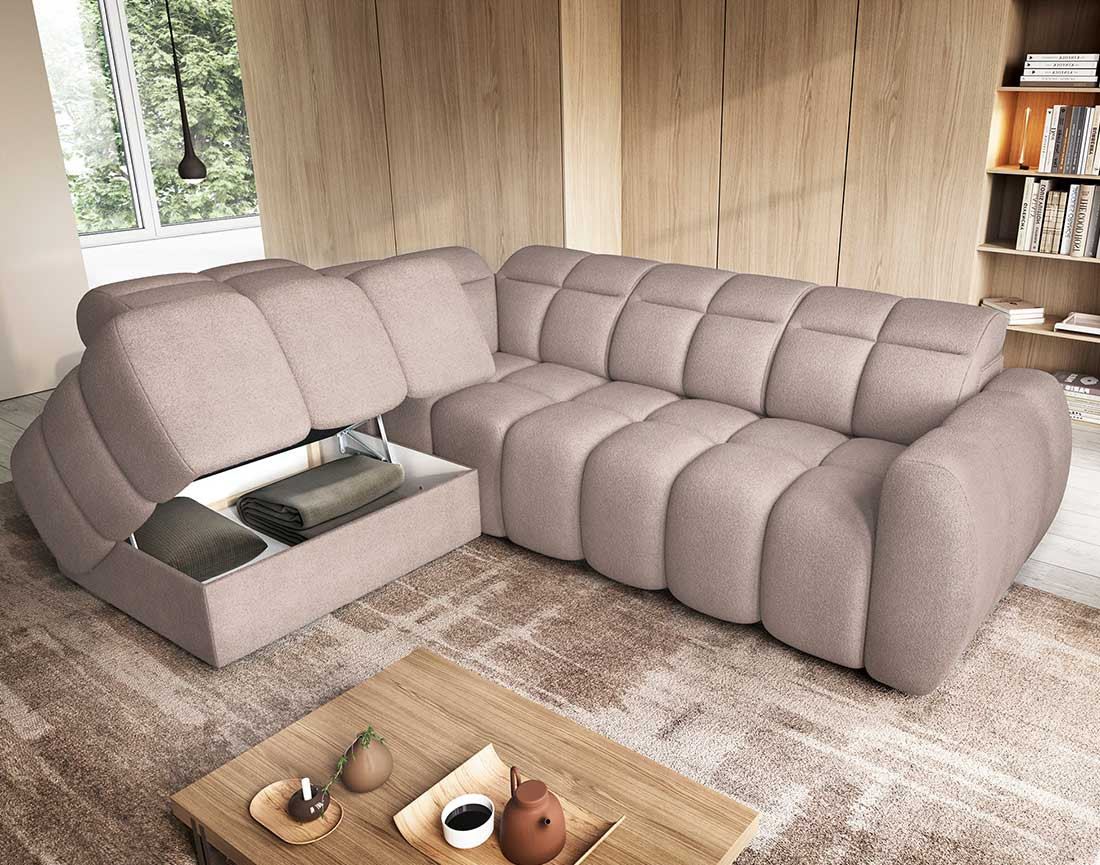 Canapé d'angle gauche 4 places assise extensible électrique avec coffre en tissu texturé Basile