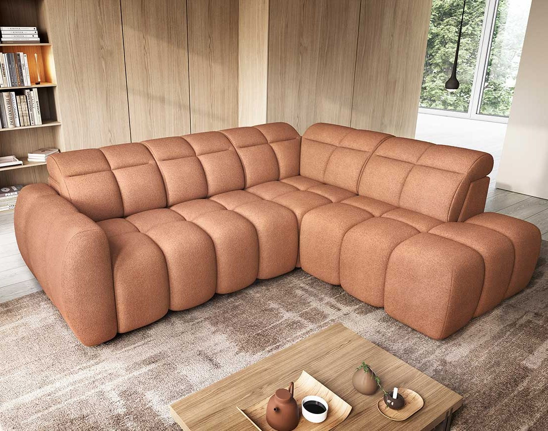 Canapé d'angle droit 4 places assise extensible électrique avec coffre en tissu texturé Basile