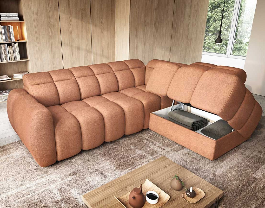 Canapé d'angle droit 4 places assise extensible électrique avec coffre en tissu texturé Basile