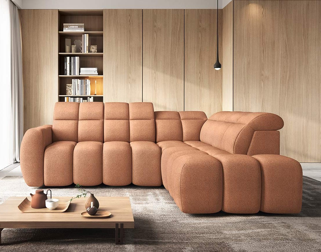 Canapé d'angle droit 4 places assise extensible électrique avec coffre en tissu texturé Basile