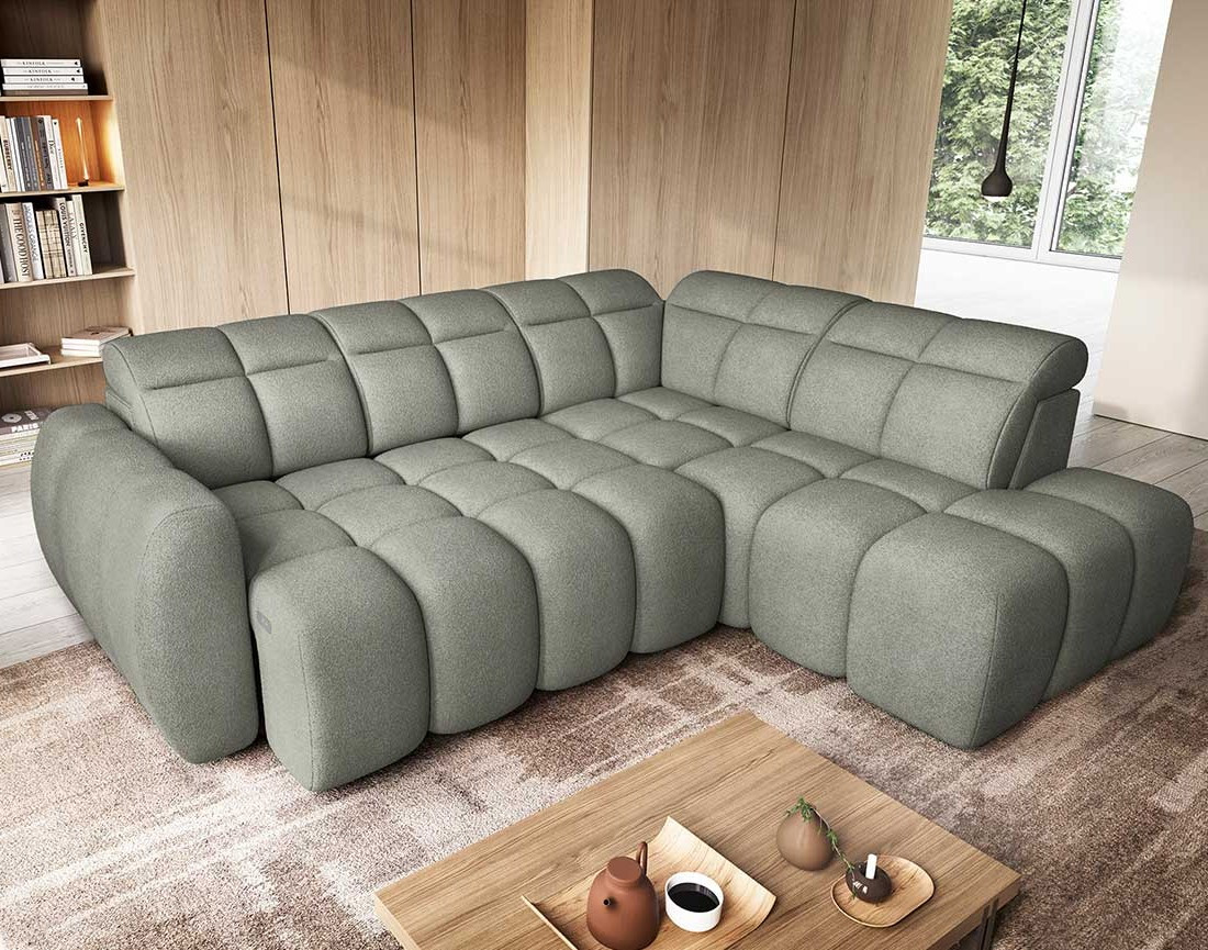 Canapé d'angle droit 4 places assise extensible électrique avec coffre en tissu texturé Basile