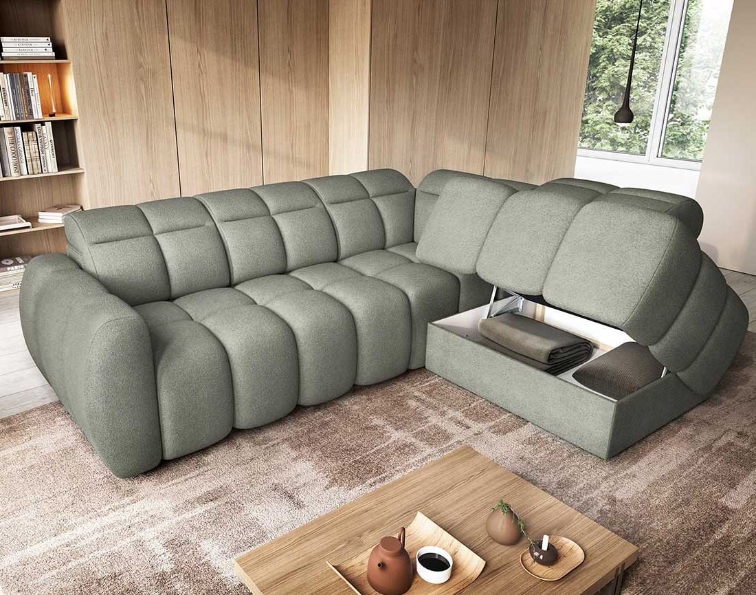 Canapé d'angle droit 4 places assise extensible électrique avec coffre en tissu texturé Basile