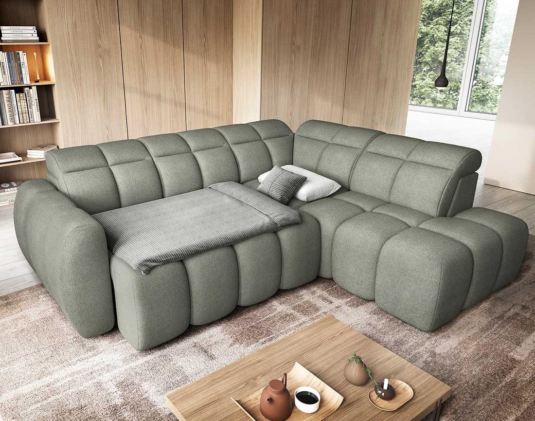 Canapé d'angle droit 4 places assise extensible électrique avec coffre en tissu texturé Basile
