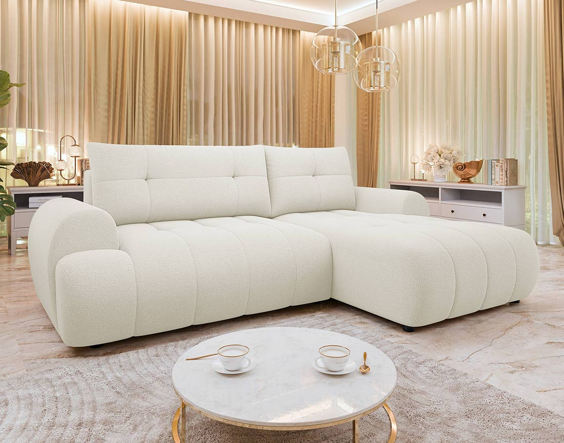 Canapé d'angle droit 4 places convertible avec coffre en tissu texturé Luzzio Canapé d'angle droit 4 places convertible avec coffre en tissu texturé Luzzio