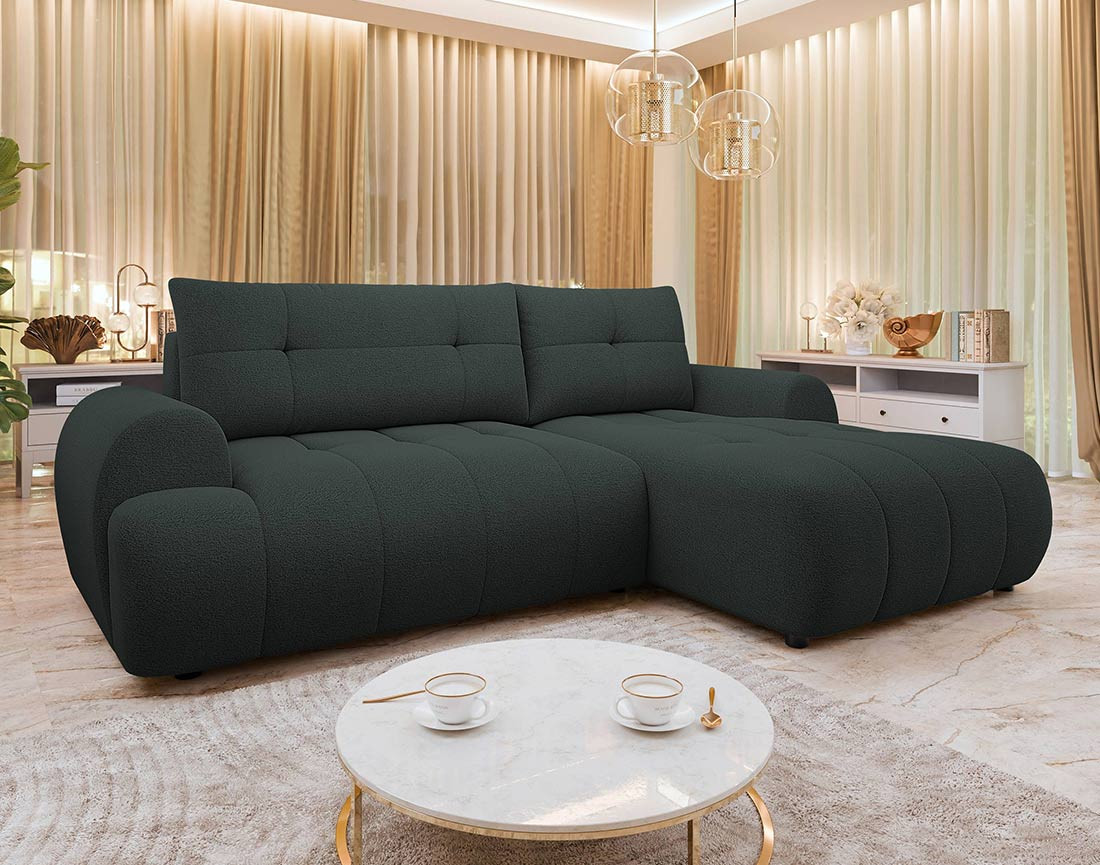 Canapé d'angle droit 4 places convertible avec coffre en tissu texturé Luzzio Canapé d'angle droit 4 places convertible avec coffre en tissu texturé Luzzio