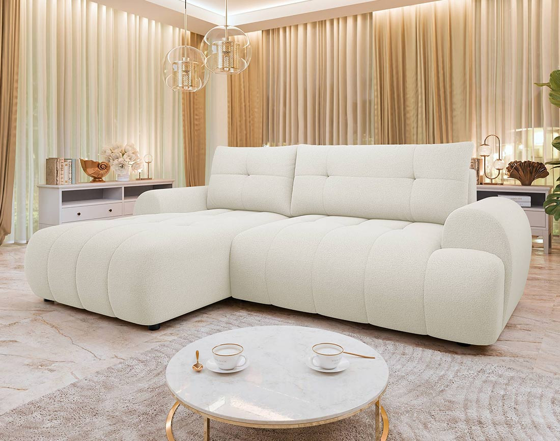 Canapé d'angle gauche 4 places convertible avec coffre en tissu texturé Luzzio Canapé d'angle gauche 4 places convertible avec coffre en tissu texturé Luzzio