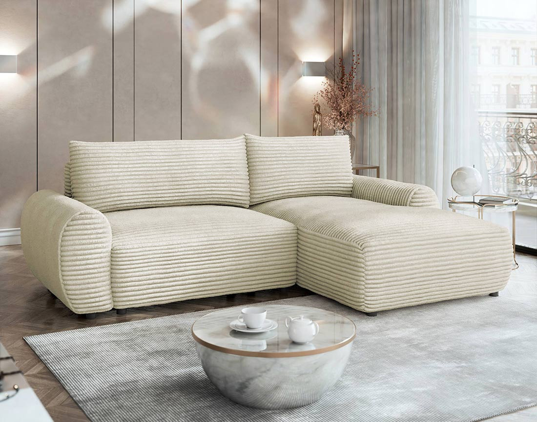 Canapé d'angle droit 4 places convertible avec coffre en velours côtelé grosses côtes Silvano Canapé d'angle droit 4 places convertible avec coffre en velours côtelé grosses côtes Silvano