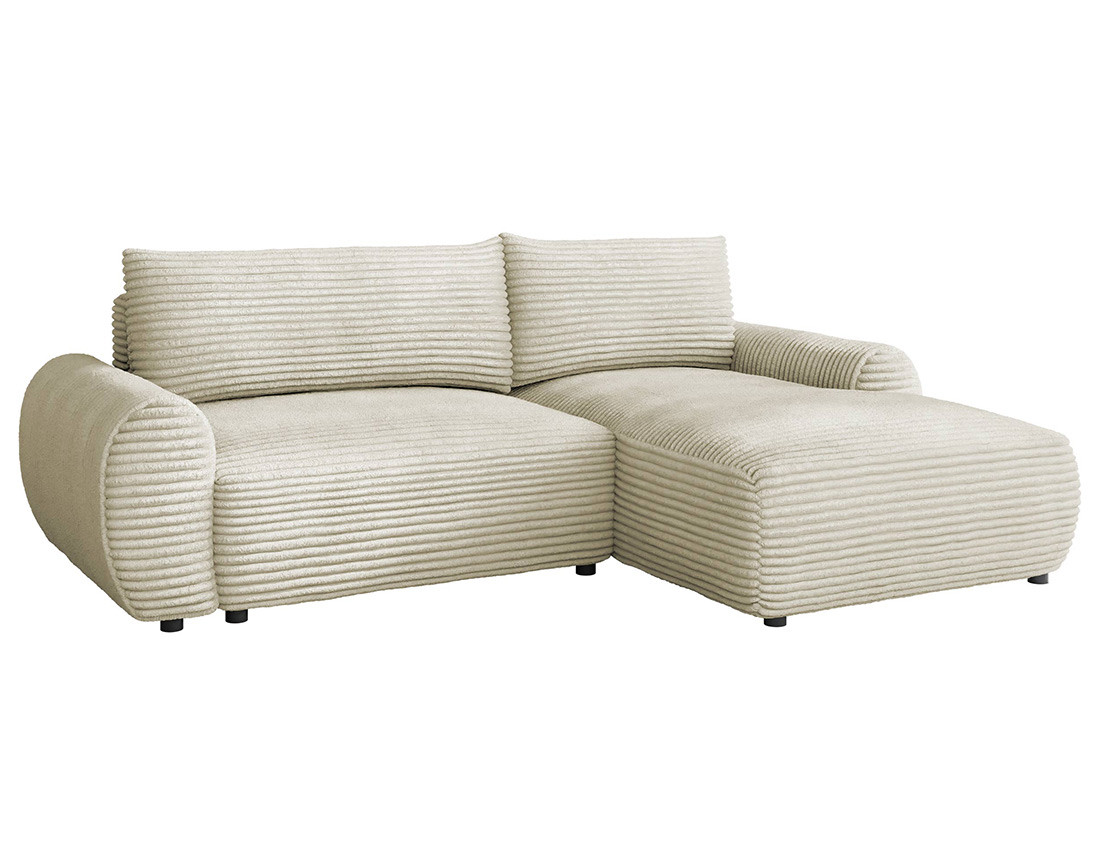 Canapé d'angle droit 4 places convertible avec coffre en velours côtelé grosses côtes Silvano Canapé d'angle droit 4 places convertible avec coffre en velours côtelé grosses côtes Silvano