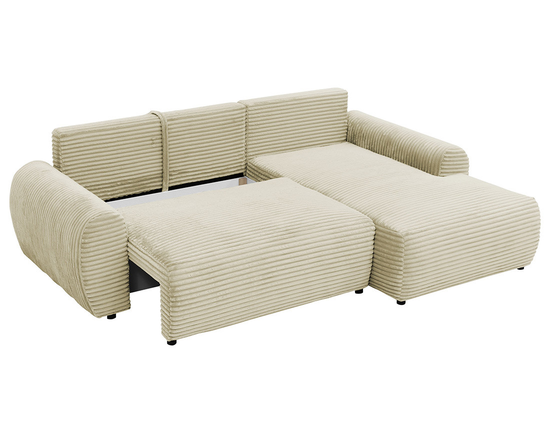Canapé d'angle droit 4 places convertible avec coffre en velours côtelé grosses côtes Silvano Canapé d'angle droit 4 places convertible avec coffre en velours côtelé grosses côtes Silvano