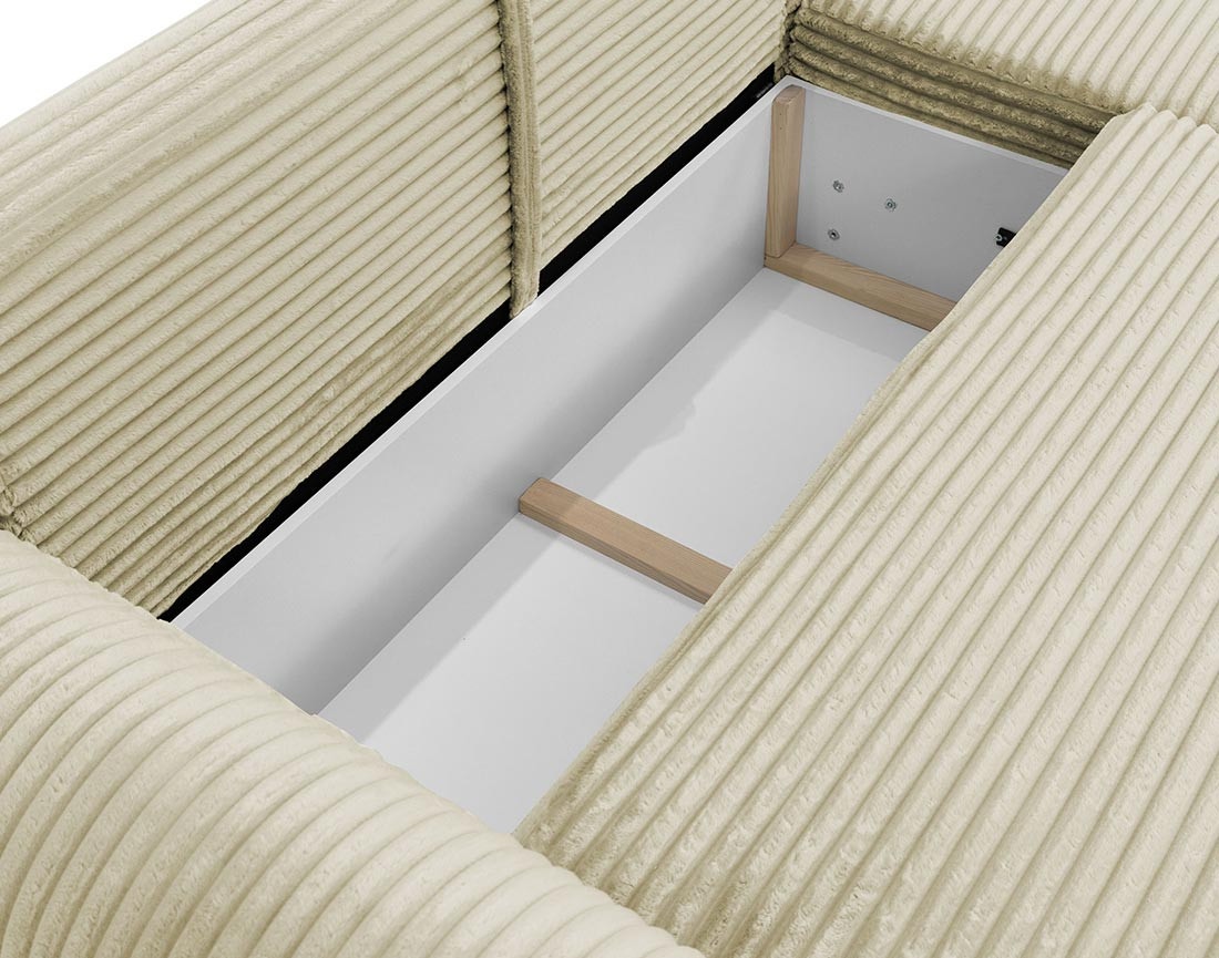 Canapé d'angle droit 4 places convertible avec coffre en velours côtelé grosses côtes Silvano Canapé d'angle droit 4 places convertible avec coffre en velours côtelé grosses côtes Silvano