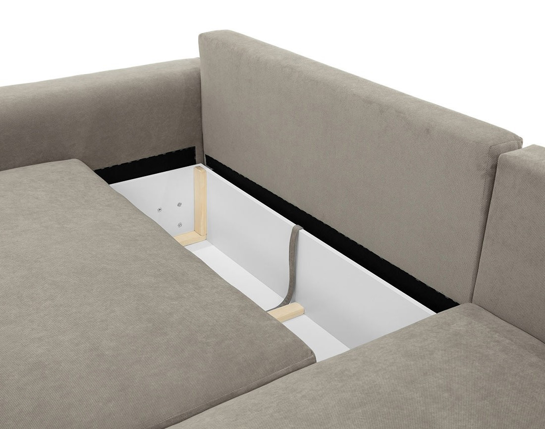 Canapé d'angle droit 4 places convertible avec coffre en tissu texturé Aurelia Canapé d'angle droit 4 places convertible avec coffre en tissu texturé Aurelia