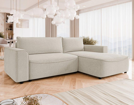 Canapé d'angle droit 4 places convertible avec coffre en tissu texturé Aurelia
