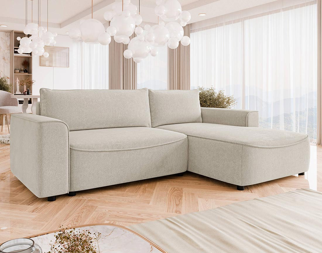 Canapé d'angle droit 4 places convertible avec coffre en tissu texturé Aurelia Canapé d'angle droit 4 places convertible avec coffre en tissu texturé Aurelia