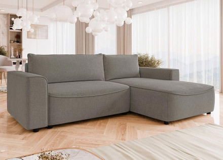 Canapé d'angle droit 4 places convertible avec coffre en tissu texturé Aurelia