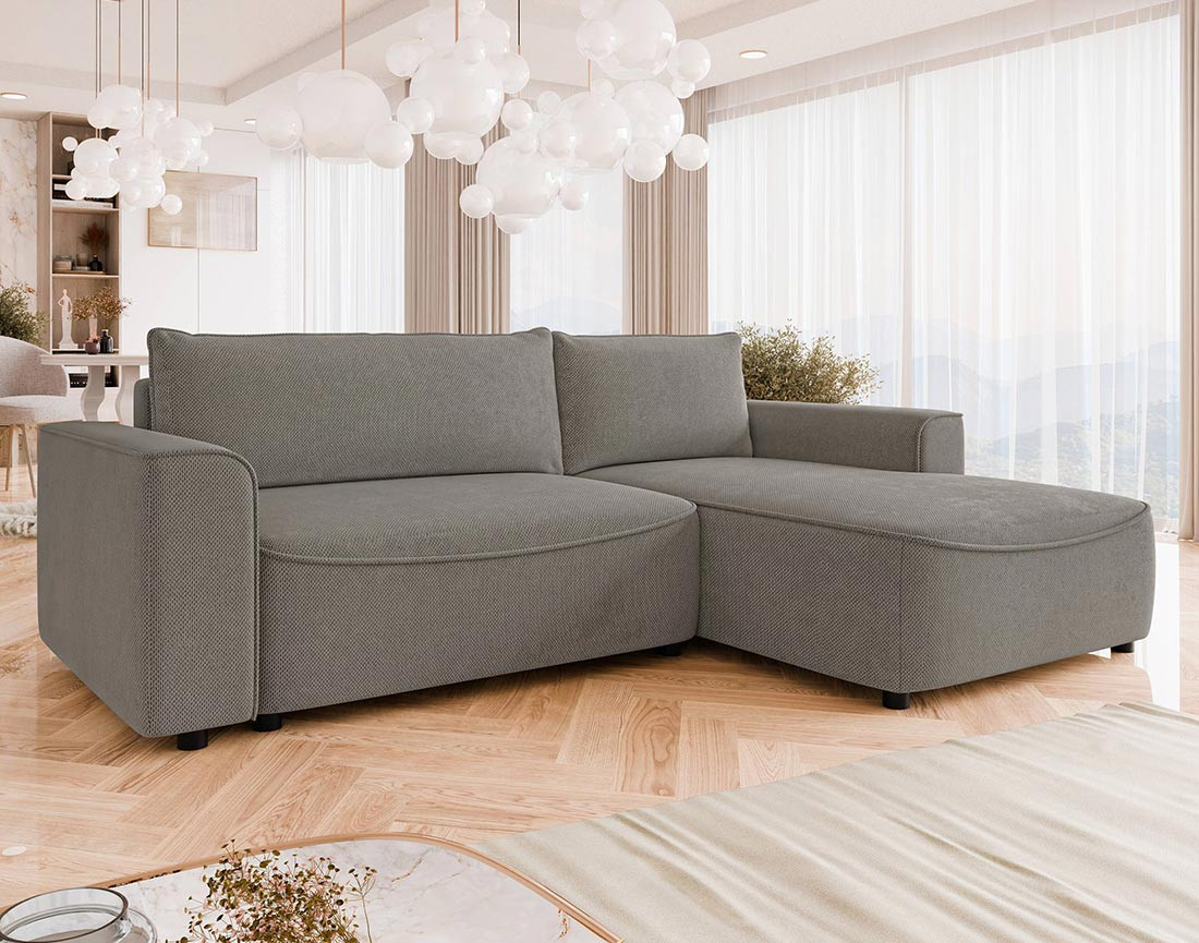 Canapé d'angle droit 4 places convertible avec coffre en tissu texturé Aurelia Canapé d'angle droit 4 places convertible avec coffre en tissu texturé Aurelia