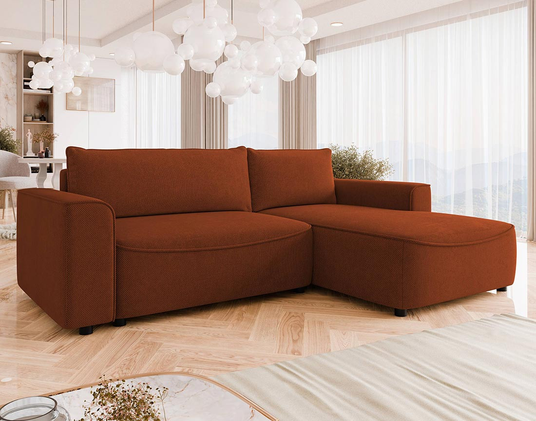 Canapé d'angle droit 4 places convertible avec coffre en tissu texturé Aurelia