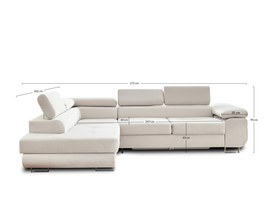 Pablo - canapé d'angle gauche en velours convertible avec coffre et têtières réglables 5 places - style contemporain