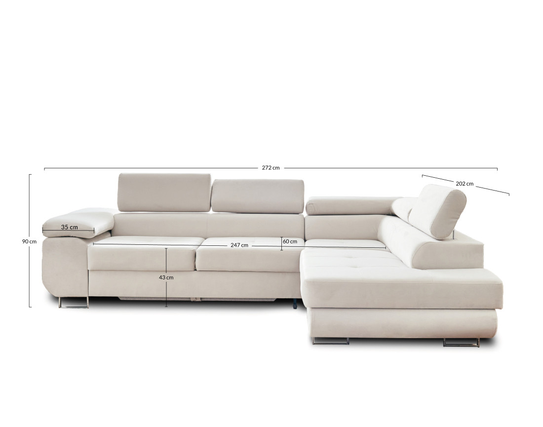 Pablo - canapé d'angle droit en velours convertible avec coffre et têtières réglables 5 places - style contemporain
