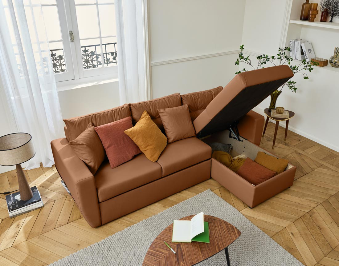 Canapé d'angle réversible 4 places convertible avec coffre en simili Astoria