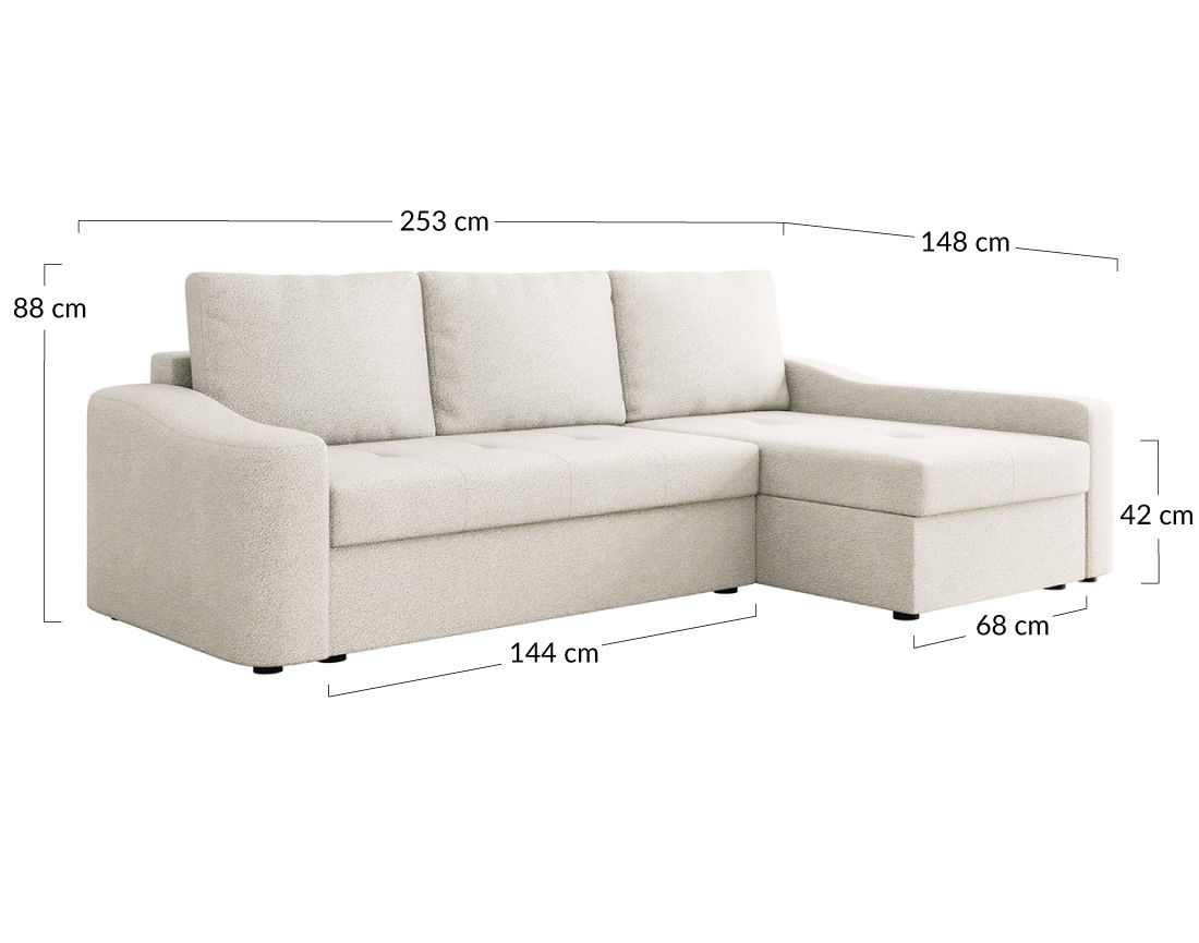 Canapé d'angle droit 4 places convertible avec coffre en tissu texturé Claudia