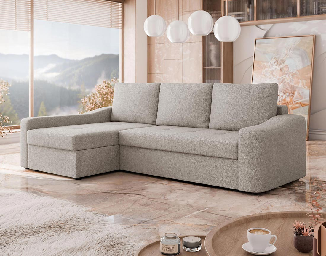 Canapé d'angle gauche 4 places convertible avec coffre en tissu texturé Claudia