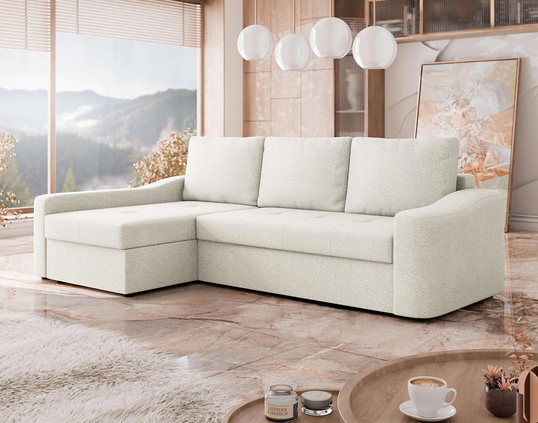 Canapé d'angle gauche 4 places convertible avec coffre en tissu texturé Claudia