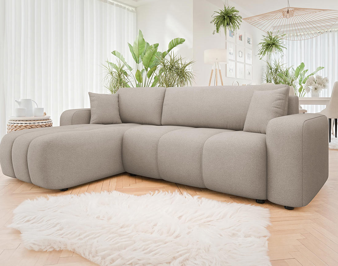 Canapé d'angle réversible 4 places convertible avec coffre en tissu Nicole