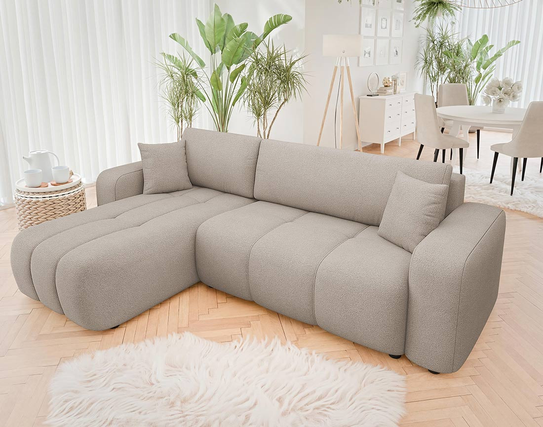 Canapé d'angle réversible 4 places convertible avec coffre en tissu Nicole