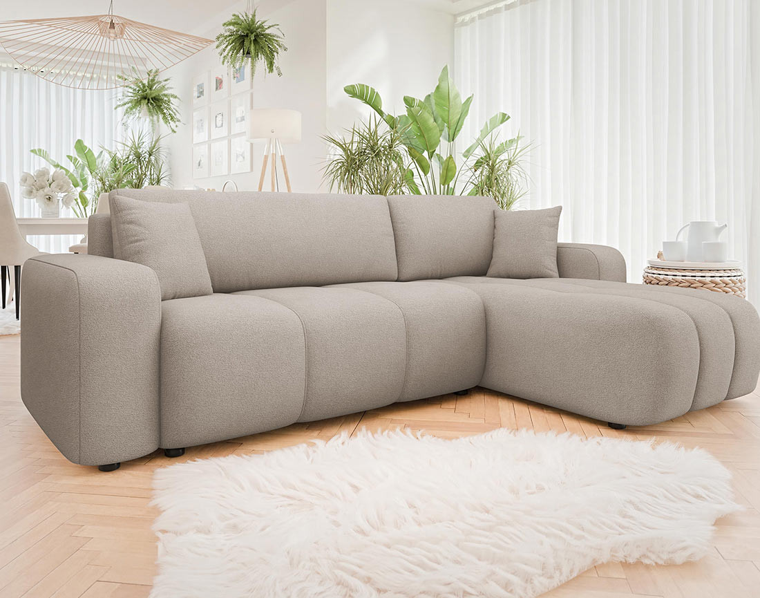 Canapé d'angle réversible 4 places convertible avec coffre en tissu Nicole