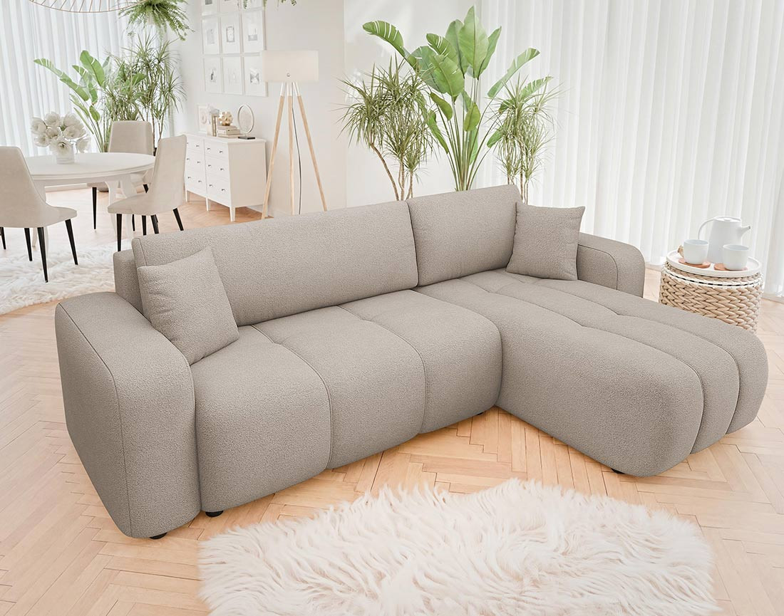 Canapé d'angle réversible 4 places convertible avec coffre en tissu Nicole